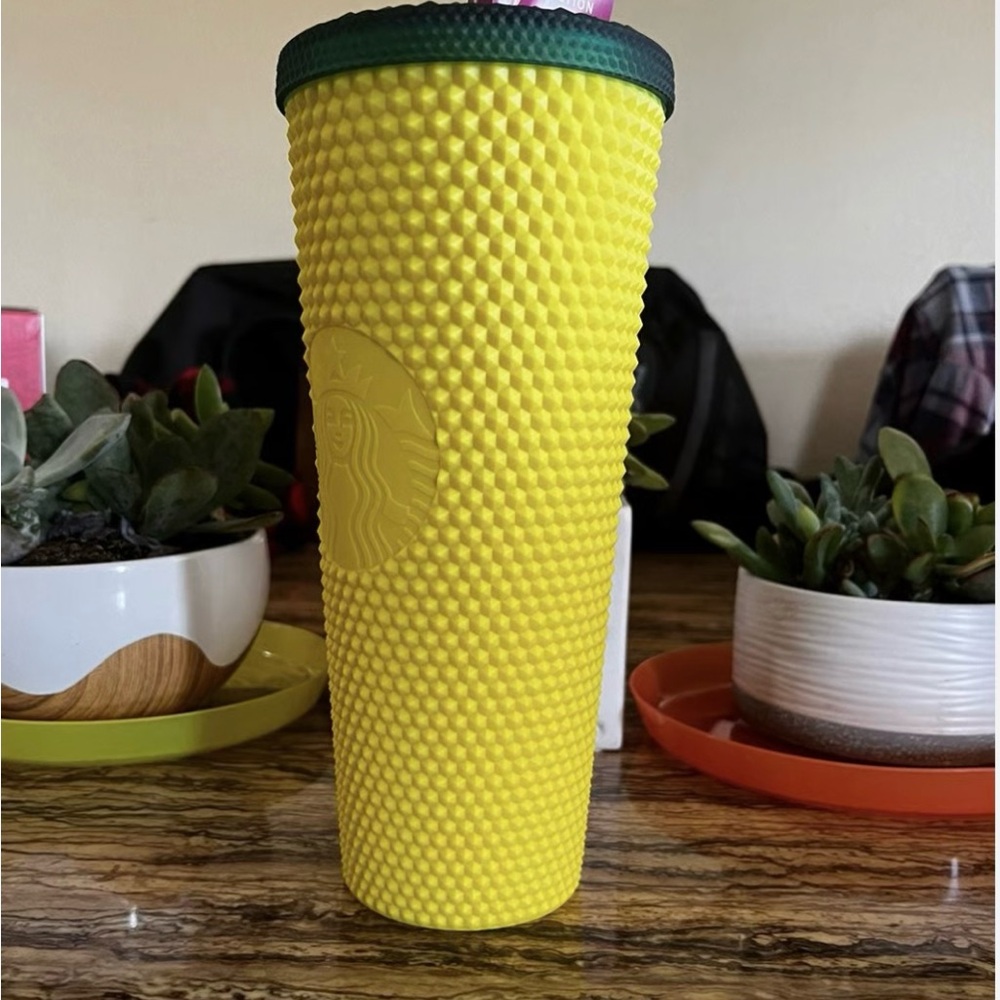 Nwt Starbucks Yellow Textured Tumbler with Dark Green Lid